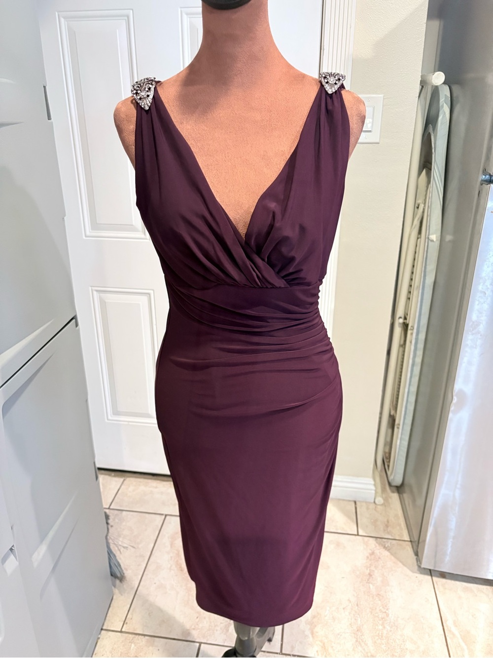Ralph Lauren Plum Midi Dress with Jeweled Shoulder Accents